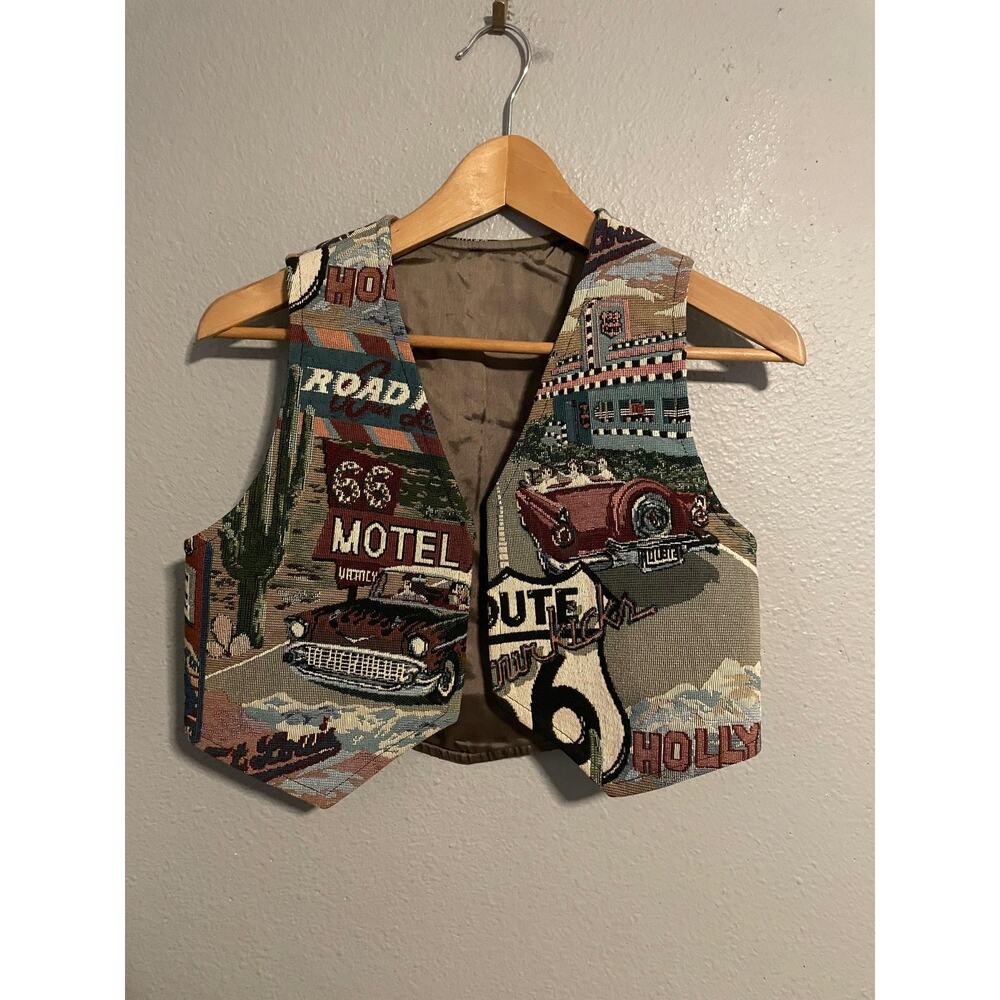 VTG Route 66 Vest Youth Medium Multicolor Tapestry Car Motel Retro USA Road Trip